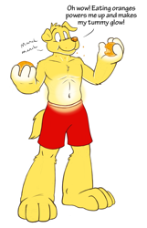 Size: 1000x1550 | Tagged: safe, artist:furshinku, oc, oc:parry, canine, dog, mammal, anthro, belly, belly button, big hands, big paws, bottomwear, brown nose, button, canvas, clothes, cute, digital art, doodle, drawpile, eating, english, english text, fur, glowing, innie, light, lights, male, males only, oranges, poop, pooping, red clothes, red shorts, scraps, shorts, sketch, sketches, sun, tall, text, topwear, tummy, white body, white fur, winter, yellow body, yellow fur