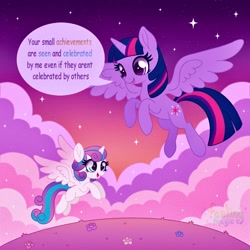 Size: 1500x1500 | Tagged: safe, artist:faelingmagic, princess flurry heart (mlp), twilight sparkle (mlp), alicorn, equine, fictional species, mammal, pony, feral, friendship is magic, hasbro, my little pony, 1:1, cloud, duo, female, lavender body, motivational, pink body, stars, twilight, wings, young, younger