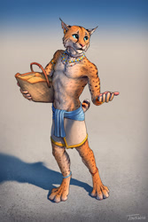 Size: 810x1215 | Tagged: safe, artist:titus weiss, bobcat, feline, lynx, mammal, anthro, digitigrade anthro, basket, container, male, solo