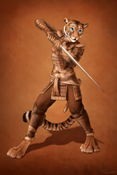 Size: 810x1215 | Tagged: safe, artist:titus weiss, oc, oc:kiera (thelastkhajiit), big cat, feline, mammal, tiger, anthro, digitigrade anthro, female, solo, sword, weapon