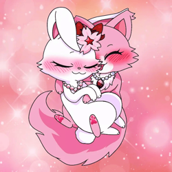 Size: 640x640 | Tagged: artist needed, source needed, safe, garnet (jewelpet), ruby (jewelpet), cat, feline, hare, japanese hare, lagomorph, mammal, rabbit, semi-anthro, jewelpet (sanrio), sanrio, 1:1, blushing, bow, duo, eyes closed, female, female/female, flower, fluff, jewelry, necklace, paws, plant, tail, tail fluff