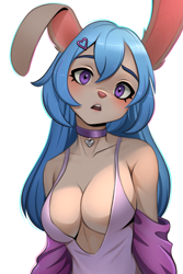 Size: 1500x2250 | Tagged: safe, artist:harukoharuko, oc, oc only, lagomorph, mammal, rabbit, anthro, 2024, breasts, cleavage, clothes, commission, detailed background, digital art, ears, eyelashes, female, fur, hair, jacket, looking at you, open mouth, shirt, solo, solo female, tongue, topwear, wide hips