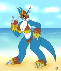 Size: 2266x2637 | Tagged: safe, artist:the_k9_team, fictional species, flamedramon, anthro, digimon, 2024, beach, belly button, bikini, breasts, claws, cleavage, clothes, detailed background, digital art, ears, eyelashes, female, horn, mask, pose, scales, solo, solo female, swimsuit, tail, thighs, wide hips