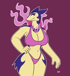 Size: 2464x2680 | Tagged: safe, artist:the_k9_team, hisuian typhlosion, typhlosion, anthro, pokémon, 2024, belly button, bikini, black nose, breasts, cleavage, clothes, digital art, ears, eyelashes, female, fire, fur, hair, simple background, solo, solo female, swimsuit, tail, thighs, wide hips