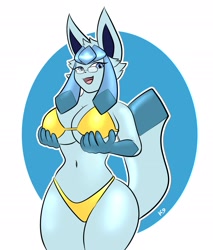 Size: 1994x2336 | Tagged: safe, artist:the_k9_team, eeveelution, fictional species, glaceon, mammal, anthro, nintendo, pokémon, 2024, belly button, bikini, black nose, breasts, cleavage, clothes, digital art, ears, eyelashes, female, fur, glasses, hair, simple background, solo, solo female, swimsuit, tail, thighs, wide hips