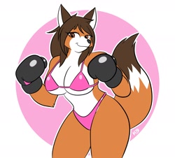 Size: 2372x2144 | Tagged: safe, artist:the_k9_team, canine, fox, mammal, anthro, 2024, belly button, bikini, black nose, boxing gloves, breasts, cleavage, clothes, digital art, ears, eyelashes, female, fur, gloves, hair, simple background, solo, solo female, swimsuit, tail, thighs, vixen, wide hips
