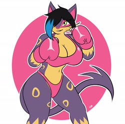 Size: 1929x1905 | Tagged: safe, artist:the_k9_team, fictional species, liepard, anthro, nintendo, pokémon, 2024, belly button, bikini, black nose, boxing gloves, breasts, cleavage, clothes, digital art, ears, eyelashes, female, fur, gloves, hair, hair over one eye, simple background, solo, solo female, swimsuit, tail, thighs, wide hips