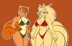 Size: 3585x2306 | Tagged: safe, artist:the_k9_team, fictional species, mammal, ninetales, vulpix, anthro, nintendo, pokémon, 2024, bedroom eyes, belly button, bikini, black nose, breasts, cleavage, clothes, digital art, duo, duo female, ears, eyelashes, female, females only, fur, hair, simple background, swimsuit, tail, thighs, wide hips