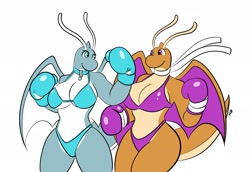 Size: 2211x1524 | Tagged: safe, artist:the_k9_team, dragonite, fictional species, shiny pokémon, anthro, nintendo, pokémon, 2024, belly button, bikini, black nose, boxing gloves, breasts, cleavage, clothes, digital art, duo, duo female, ears, eyelashes, female, females only, gloves, scales, simple background, swimsuit, tail, thighs, wide hips, wings