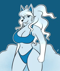 Size: 1192x1410 | Tagged: safe, artist:the_k9_team, alolan ninetales, fictional species, ninetales, anthro, nintendo, pokémon, 2024, belly button, bikini, black nose, breasts, cleavage, clothes, digital art, ears, eyelashes, female, fur, hair, simple background, solo, solo female, swimsuit, tail, thighs, wide hips