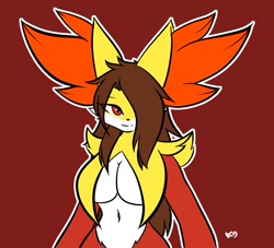 Size: 1054x955 | Tagged: safe, artist:the_k9_team, delphox, fictional species, anthro, nintendo, pokémon, 2024, belly button, black nose, breasts, cleavage, digital art, ear fluff, ears, eyelashes, female, fluff, fur, hair, hair over one eye, shoulder fluff, simple background, solo, solo female, starter pokémon, wide hips