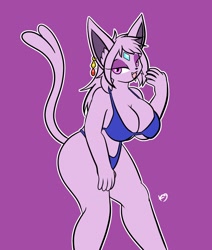 Size: 1496x1768 | Tagged: safe, artist:the_k9_team, eeveelution, espeon, fictional species, mammal, anthro, nintendo, pokémon, 2024, belly button, bikini, black nose, breasts, cleavage, clothes, digital art, ears, eyelashes, female, fur, hair, simple background, solo, solo female, swimsuit, tail, thighs, wide hips