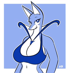 Size: 1166x1210 | Tagged: safe, artist:the_k9_team, fictional species, serperior, anthro, nintendo, pokémon, 2024, belly button, bikini, bikini top, boxing gloves, breasts, cleavage, clothes, digital art, ears, eyelashes, female, gloves, scales, simple background, solo, solo female, starter pokémon, swimsuit, thighs, wide hips