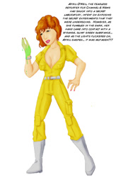 Size: 650x990 | Tagged: safe, artist:arania, part of a set, april o'neil (tmnt), human, mammal, reptile, turtle, teenage mutant ninja turtles, boots, clothes, english text, female, footwear, human to anthro, jumpsuit, mutagen, shoes, simple background, solo, solo female, text, transformation, white background