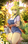 Size: 900x1418 | Tagged: safe, artist:teranen, eeveelution, fictional species, leafeon, mammal, anthro, nintendo, pokémon, 2024, breasts, brown eyes, chest fluff, choker, clothes, female, flower, flower pot, fluff, gloves (arm marking), green hair, hair, open mouth, overalls, plant, potted plant, shirt, solo, solo female, tan body, topwear, watering, watering can