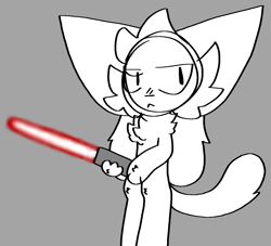 Size: 1517x1376 | Tagged: safe, artist:pinkblink, canine, cat, dog, feline, hybrid, mammal, anthro, lucasfilm, star wars, ambiguous gender, chest fluff, fluff, fur, gray background, lightsaber, may the 4th be with you, simple background, solo, weapon