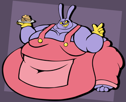 Size: 2128x1732 | Tagged: suggestive, artist:opalstation, jax (the amazing digital circus), lagomorph, leporid, mammal, rabbit, anthro, plantigrade anthro, the amazing digital circus, butter, clothes, fat, food, glitch productions, gloves, hyper, male, morbidly obese, overalls, pancakes, plate, solo, solo male, weight gain