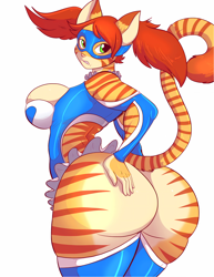 Size: 7416x9600 | Tagged: suggestive, artist:jaehthebird, edit, oc, oc:loree, cat, feline, mammal, anthro, capcom, street fighter, 2024, absurd resolution, angry, annoyed, big butt, bottomwear, breasts, butt, clothes, cosplay, dummy thicc, female, green eyes, hair, hand on butt, hand on thigh, huge breasts, huge butt, leotard, midriff, pigtails, rainbow mika (street fighter), red hair, shirt, short hair, shorts, sideboob, simple background, solo, solo female, thighs, thunder thighs, topwear, twintails, white background, wide hips