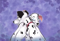 Size: 885x604 | Tagged: safe, artist:stray-sketches, perdita (101 dalmatians), pongo (101 dalmatians), canine, dalmatian, dog, mammal, feral, 101 dalmatians, disney, 2023, 2d, black nose, canon ship, collar, cute, duo, eyelashes, eyes closed, female, fur, husband, husband and wife, male, male/female, married couple, open mouth, pongordita (101 dalmatians), shipping, signature, smiling, spots, spotted body, spotted fur, traditional art, wife