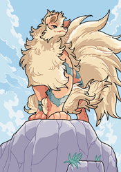 Size: 2102x3000 | Tagged: safe, artist:ohayou milk, arcanine, fictional species, mammal, feral, nintendo, pokémon, 2024, 2d, 4 toes, ambiguous gender, brown nose, cloud, day, ear fluff, fluff, fur, green eyes, hair, pixiv, scenery, sky, smiling, solo, solo ambiguous, standing, striped body, striped fur, tail, tail fluff, yellow hair, yellow tail