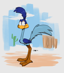 Size: 2000x2300 | Tagged: safe, artist:joaoppereiraus, road runner (looney tunes), bird, roadrunner, feral, looney tunes, warner brothers, 2024, 2d, 3 toes, beak, bird feet, black eyes, blue feathers, cactus, claws, cloud, day, feathers, front view, male, orange beak, rock, signature, sky, smiling, solo, solo male, standing, tail, tail feathers, three-quarter view