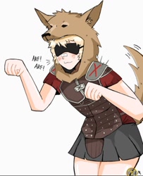 Size: 1080x1327 | Tagged: safe, artist:lmvlkz, animal humanoid, canine, fictional species, mammal, wolf, humanoid, fallout, 2022, armor, barking, bottomwear, clothes, fallout new vegas, femboy, male, meme, skirt, solo, tail, tail wag, tailed humanoid, watermark