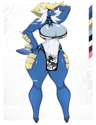 Size: 1684x2188 | Tagged: safe, artist:vtalna, fictional species, samurott, anthro, unguligrade anthro, nintendo, pokémon, 2024, adoptable, black nose, bottomwear, breasts, cleavage, clothes, detailed background, digital art, dress, ears, eyelashes, female, fur, hair, hooves, horn, huge breasts, solo, solo female, starter pokémon, tail, thighs, wide hips