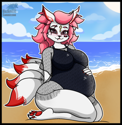 Size: 1280x1316 | Tagged: suggestive, artist:blazkenzxy, oc, oc only, canine, fictional species, fox, kitsune, mammal, anthro, digitigrade anthro, 2024, beach, big breasts, black nose, breasts, clothes, detailed background, digital art, ears, eyelashes, female, fur, hair, kneeling, lingerie, looking at you, multiple tails, nine tails, pregnant, solo, solo female, tail, thighs, underwear, vixen, wide hips
