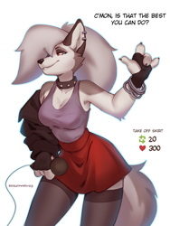 Size: 600x800 | Tagged: safe, artist:rosemary02, loona (vivzmind), canine, fictional species, hellhound, mammal, anthro, hazbin hotel, helluva boss, 2024, belly button, black nose, bottomwear, breasts, clothes, collar, colored sclera, digital art, ears, eyelashes, female, fingerless gloves, fur, gloves, hair, jacket, legwear, red sclera, shirt, simple background, skirt, solo, solo female, spiked collar, stockings, tail, thighs, topwear, undressing, white background, wide hips