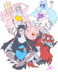 Size: 720x900 | Tagged: safe, artist:lew_for_you, fictional species, hackmon, koromon, humanoid, digimon, 2022, blue hair, claws, clothes, crossed legs, dorimon, egg, female, flat colors, full body, goggles, gray hair, group, hair, hat, headwear, high heels, legwear, one eye closed, partial color, scarf, shoes, signature, sistermon blanc, sistermon ciel, sistermon noir, sitting, smiling, stockings, trident, winking, work in progress