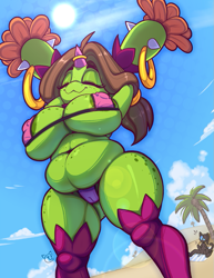 Size: 743x962 | Tagged: suggestive, artist:teckworks, oc, oc only, animate plant, fictional species, maractus, anthro, nintendo, pokémon, 2024, areola, areola slip, armpits, arms behind head, beach, belly button, bikini, breasts, cameltoe, clothes, commission, detailed background, digital art, ears, eyelashes, eyes closed, female, hair, micro bikini, nipple outline, scales, slightly chubby, solo, solo female, sunbathing, swimsuit, tail, thick thighs, thighs, wide hips