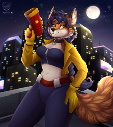Size: 1778x2000 | Tagged: safe, artist:kottezio, carmelita fox (sly cooper), canine, fox, mammal, anthro, sly cooper (series), 2024, belly button, black nose, bottomwear, breasts, clothes, commission, crop top, detailed background, digital art, ears, eyelashes, female, fur, gloves, gun, hair, handgun, jacket, pants, solo, solo female, tail, thighs, topwear, vixen, weapon, wide hips