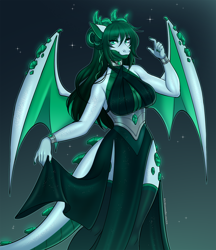 Size: 1200x1388 | Tagged: safe, artist:kitsunewaffles, oc, oc only, dragon, fictional species, anthro, 2024, belly button, bottomwear, breasts, clothes, commission, digital art, dragon wings, dragoness, dress, ears, eyelashes, female, hair, horns, looking at you, scales, simple background, solo, solo female, tail, thighs, wide hips