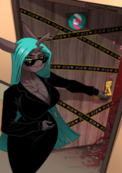 Size: 848x1200 | Tagged: suggestive, artist:chrysalisdraws, queen chrysalis (mlp), arthropod, changeling, changeling queen, equine, fictional species, anthro, friendship is magic, hasbro, my little pony, 2024, bedroom eyes, black nose, bottomwear, breasts, censored, cleavage, clothes, digital art, door, ears, eyelashes, female, glasses, hair, horn, looking at you, scales, shirt, skirt, solo, solo female, sunglasses, tail, thighs, topwear, wide hips