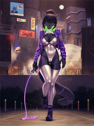 Size: 1200x1600 | Tagged: safe, artist:hacatiko, oc, oc only, big cat, black panther, feline, mammal, anthro, 2024, black nose, breasts, building, city, clothes, commission, cyberpunk, detailed background, digital art, ears, eyelashes, female, footwear, fur, hair, jacket, legwear, leotard, shoes, solo, solo female, stockings, tail, thighs, topwear, whip, wide hips