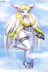 Size: 4048x6000 | Tagged: safe, artist:an-tonio, angewomon, fictional species, gatomon, hybrid, anthro, plantigrade anthro, digimon, 2024, absurd resolution, bedroom eyes, black nose, boots, breasts, clothes, detailed background, digital art, ears, eyelashes, female, flying, footwear, fur, hair, open mouth, shoes, solo, solo female, tail, thighs, tongue, unconvincing armor, wide hips, wings