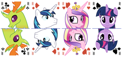 Size: 6400x3000 | Tagged: safe, artist:parclytaxel, princess cadence (mlp), shining armor (mlp), thorax (mlp), twilight sparkle (mlp), alicorn, arthropod, changedling, changeling, equine, fictional species, mammal, pony, unicorn, feral, friendship is magic, hasbro, my little pony, .svg available, absurd resolution, card, female, grin, group, headshot, looking at you, mare, playing card, rotational symmetry, simple background, smiling, smiling at you, tarot card, vector, white background
