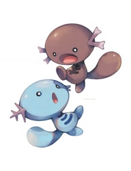 Size: 900x1174 | Tagged: safe, artist:tako2 eaka, fictional species, wooper, nintendo, pokémon, 2023, black eyes, duo, eye contact, looking at each other, open mouth, paldean wooper, simple background, tail, tongue, watermark