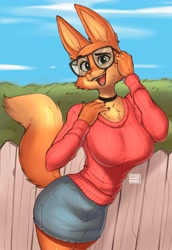 Size: 2819x4096 | Tagged: safe, artist:spongebandimark, diane foxington (the bad guys), canine, fox, mammal, anthro, dreamworks animation, the bad guys, big breasts, big butt, breasts, butt, clothes, female, glasses, open mouth, open smile, short skirt, smiling, solo, sweat, sweater, topwear, vixen, wide hips