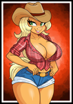 Size: 1240x1754 | Tagged: suggestive, artist:rekheadz, applejack (mlp), earth pony, equine, fictional species, mammal, pony, semi-anthro, friendship is magic, hasbro, my little pony, 2024, absolute cleavage, anthrofied, belly button, belt, belt buckle, big breasts, blonde hair, blonde mane, blonde tail, bottomwear, breasts, cleavage, clothes, cowboy hat, curvy, daisy dukes, female, g4, gradient background, green eyes, hair, hands on waist, hat, headwear, huge breasts, looking at you, mane, open clothes, open mouth, open shirt, orange body, red background, shirt, short shorts, shorts, simple background, solo, solo female, stetson, tail, topwear, wide hips