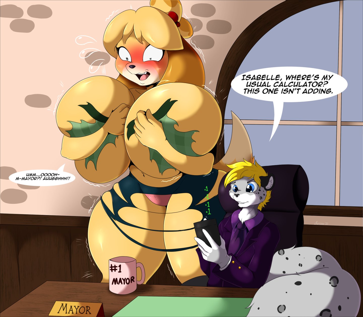61597 - suggestive, artist:suirano, isabelle (animal crossing), big cat,  canine, dog, feline, leopard, mammal, shih tzu, anthro, animal crossing,  nintendo, belly button, big breasts, black nose, blushing, breast  expansion, breasts, calculator, chair,