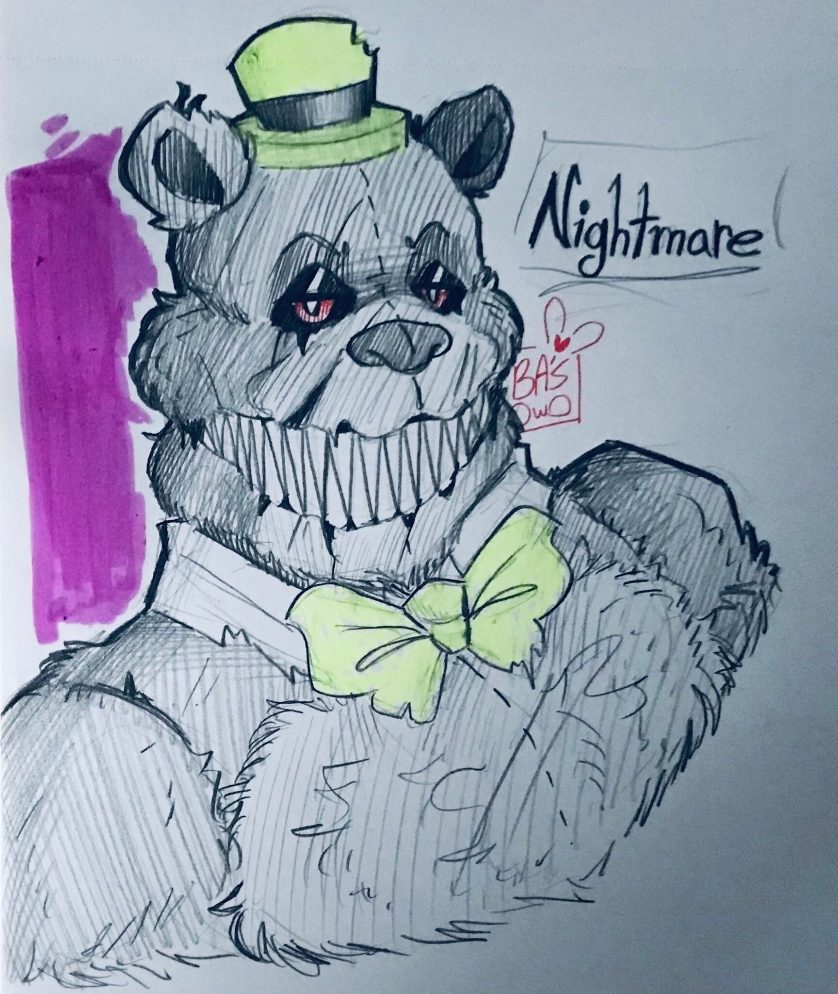 219016 - safe, artist:hypodriive, bear, mammal, five nights at freddy's,  2022, black body, black fur, bow, bow tie, button, clothes, colored pupils,  dialogue, english text, fluff, fur, furrified, genderless, hat, headwear,  nightmare (