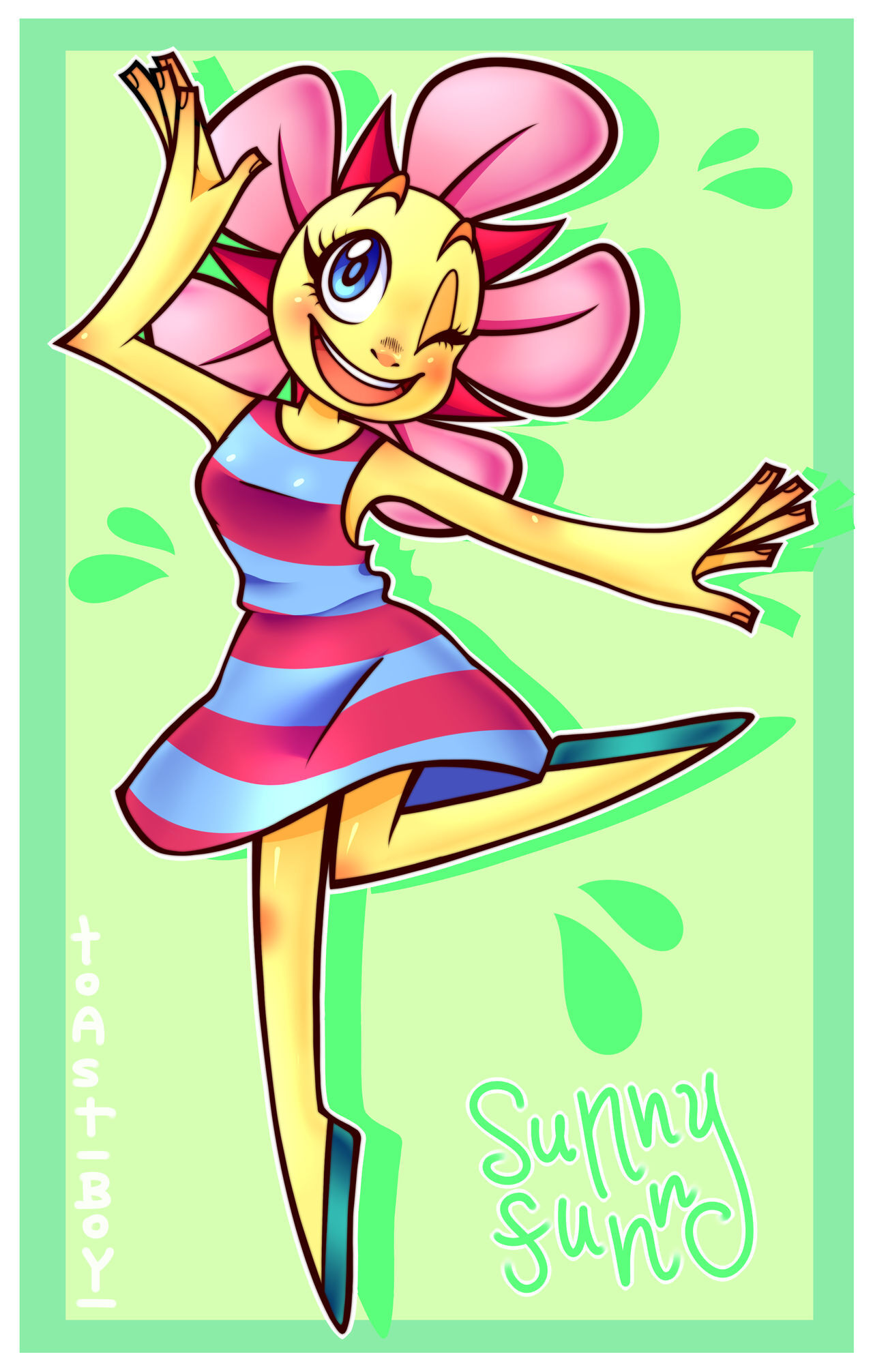 141447 - safe, artist:toast--boy, sunny funny (parappa the rapper), animate  plant, fictional species, anthro, parappa the rapper, clothes, dress,  female, flower, one eye closed, one leg raised, open mouth, plant, raised  leg,