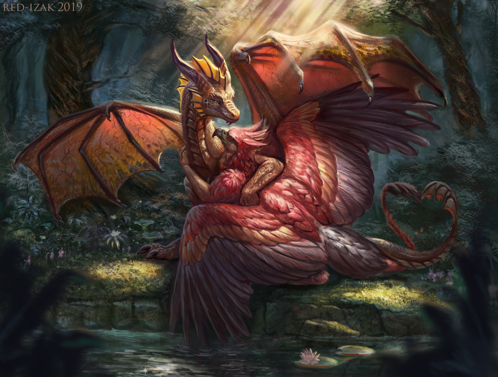 144247 - safe, artist:red-izak, bird, dragon, feline, fictional 