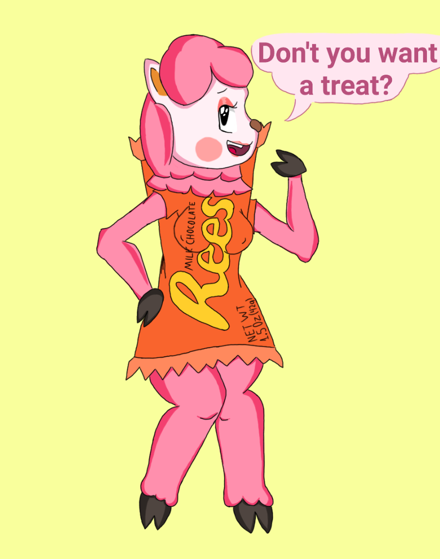 156010 - suggestive, artist:thebonezonedeluxe, reese (animal crossing),  alpaca, mammal, anthro, unguligrade anthro, animal crossing, nintendo,  reese's peanut butter cups, blush sticker, breasts, clothes, cloven hooves,  dialogue, eyeshadow, female ...