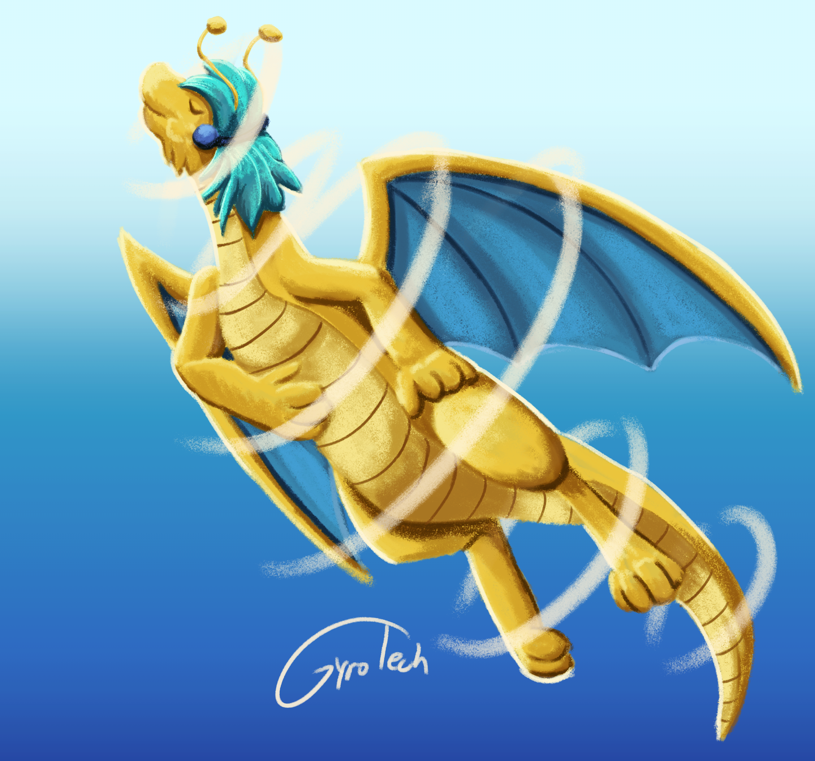 175577 - safe, artist:gyrotech, oc, oc only, oc:sjru, dragon, dragonite,  fictional species, feral, nintendo, pokémon, 2022, artfight, artfight2022,  dragon wings, eyes closed, flying, high res, male, signature, smiling,  solo, solo male, spinning,