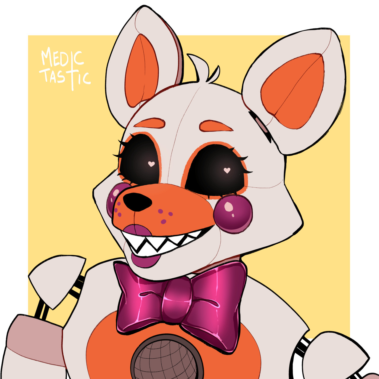 191059 - safe, artist:xxblackberriixx, lolbit (fnaf), animatronic, canine,  fox, mammal, robot, five nights at freddy's, 2011, english text, eyelashes,  female, glowing, glowing eyes, head only, looking at you, open mouth,  please stand