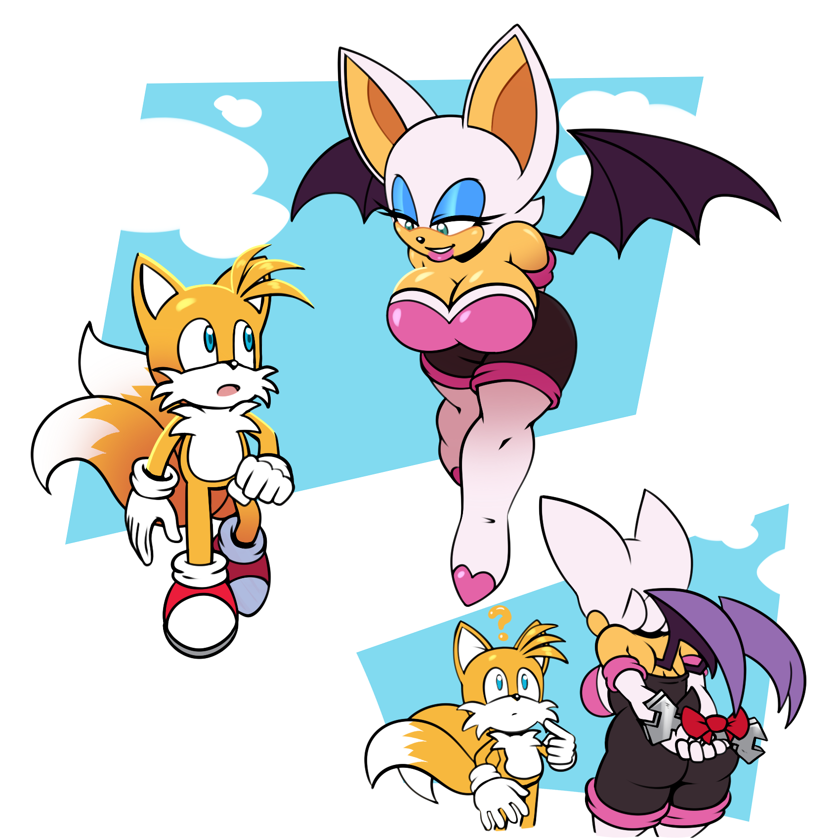 288993 - suggestive, artist:hyoumaru, miles tails prower (sonic), rouge  the bat (sonic), bat, canine, fox, mammal, anthro, sega, sonic the hedgehog  (series), age difference, bat wings, blue eyes, breasts, chest fluff,  clothes,